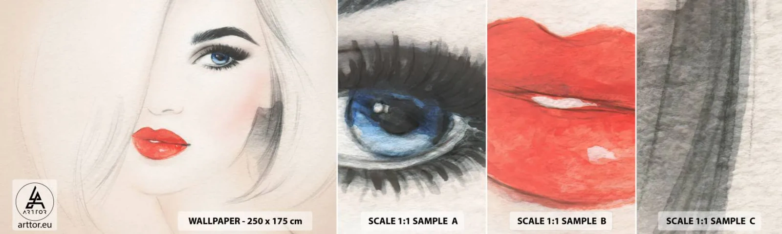 Muestra de fotomural autoadhesivo Deluxe Sticker - Hipnotiza y embriaga - retrato de una mujer, cara de mujer, labios rojos - 100x30 cm