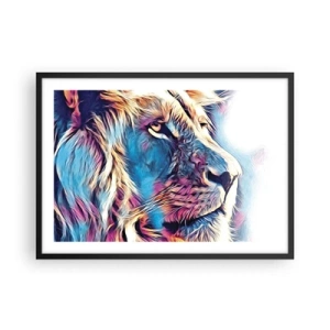 Póster en marco negro - Retrato de un león en colores vivos y abstractos. - 70x50cm - La sabiduría de la naturaleza - Decoración de pared moderna para salón y dormitorio ARTTOR
