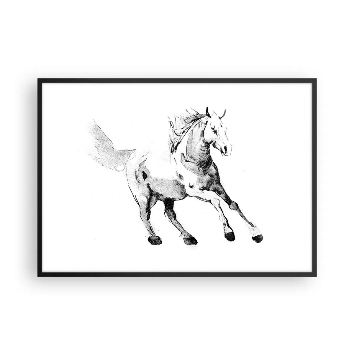 Póster en marco negro - Boceto de un caballo al galope en tonos de blanco y negro. - 100x70cm - Alma indómita - Decoración de pared moderna para salón y dormitorio ARTTOR