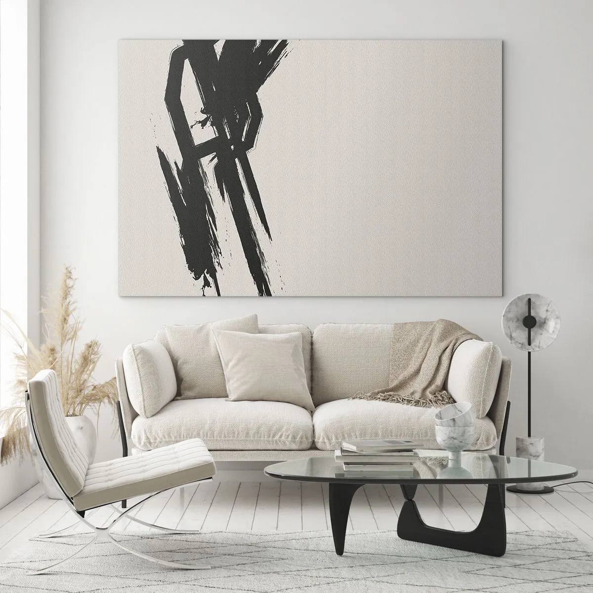 Cuadro sobre vidrio - Impresiones sobre Vidrio - Una pincelada negra dinámica sobre un fondo claro. - 70x50cm - Impulso imparable - Decoración de pared moderna para salón y dormitorio ARTTOR