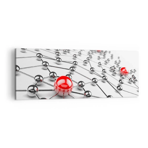 Cuadro sobre lienzo - Impresión de Imagen - Una red de bolas metálicas con acentos rojos. - 140x50cm - Una red plateada - Decoración de pared moderna para salón y dormitorio ARTTOR