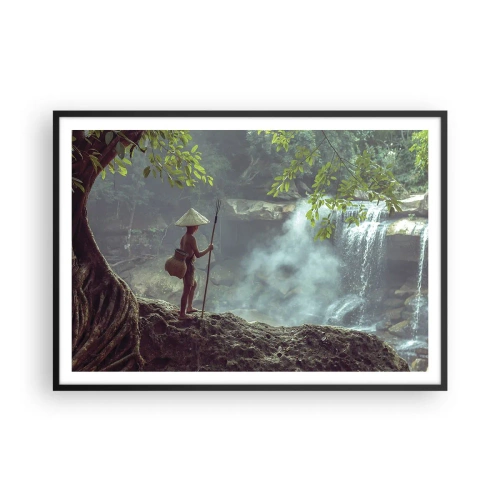 Póster en marco negro - Una figura con una lanza en una cascada en un bosque tropical. - 100x70cm - Amistad con la naturaleza - Decoración de pared moderna para salón y dormitorio ARTTOR
