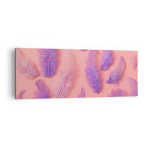 Cuadro sobre lienzo - Impresión de Imagen - Plumas moradas y rosas sobre un fondo pastel. - 140x50cm - Un pájaro lila del deseo - Decoración de pared moderna para salón y dormitorio ARTTOR