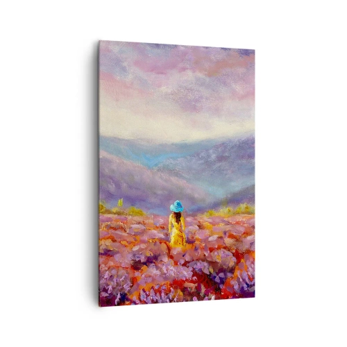 Cuadro sobre lienzo - Impresión de Imagen - Una mujer con sombrero caminando por un campo de lavanda. - 80x120cm - En un mundo de lavanda - Decoración de pared moderna para salón y dormitorio ARTTOR