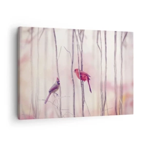 Cuadro sobre lienzo - Impresión de Imagen - Una pareja de cardenales posados en las ramas en un paisaje pastel. - 70x50cm - Historia de un bosque rosa - Decoración de pared moderna para salón y dormitorio ARTTOR