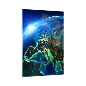 Cuadro sobre vidrio - Impresiones sobre Vidrio - Una vista de Europa desde el espacio bajo el resplandor del sol naciente. - 80x120cm - Una Europa resplandeciente - Decoración de pared moderna para salón y dormitorio ARTTOR