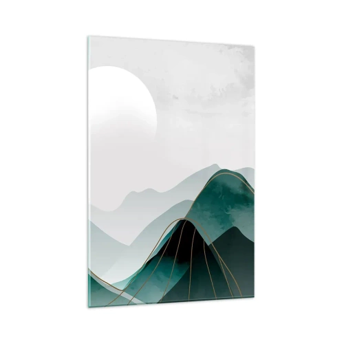 Cuadro sobre vidrio - Impresiones sobre Vidrio - Paisaje montañoso abstracto con la luna y líneas doradas. - 80x120cm - Con toda la majestuosidad - Decoración de pared moderna para salón y dormitorio ARTTOR