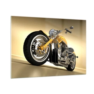 Cuadro sobre vidrio - Impresiones sobre Vidrio - Una motocicleta personalizada dorada sobre un fondo claro. - 100x70cm - Un sueño de fuerza y velocidad - Decoración de pared moderna para salón y dormitorio ARTTOR