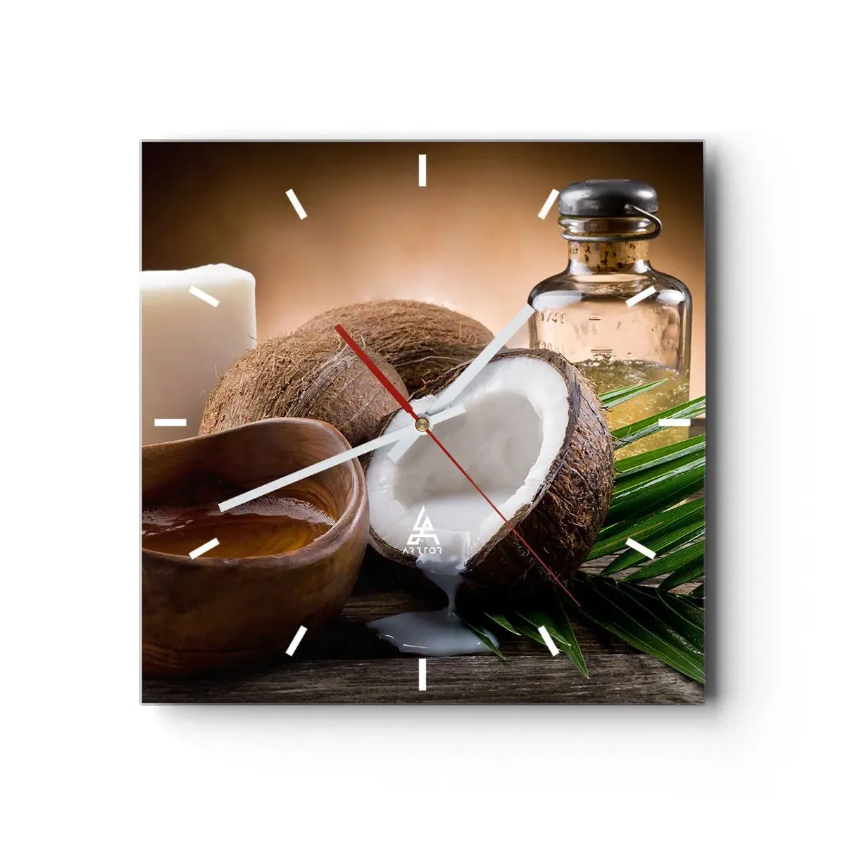 Reloj de pared - Reloj de vidrio - Cocos, vela y aceite sobre fondo de madera. - 30x30cm - Salud de las islas tropicales - Decoración de pared moderna para salón y dormitorio ARTTOR