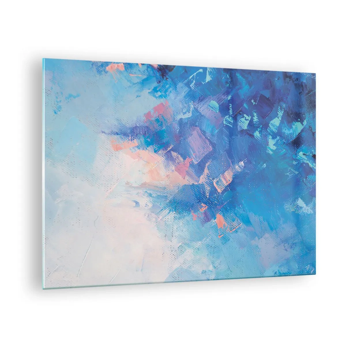 Cuadro sobre vidrio - Impresiones sobre Vidrio - Paisaje invernal abstracto con azules fríos y tonos rosados suaves. - 70x50cm - Abstracción invernal - Decoración de pared moderna para salón y dormitorio ARTTOR