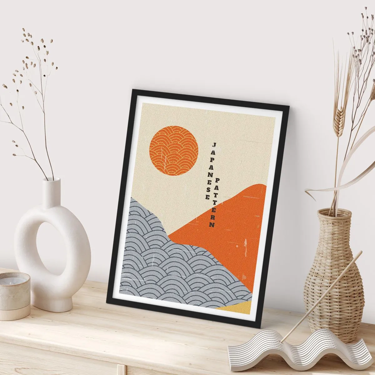 Póster en marco negro - Patrón japonés minimalista con ondas y sol. - 50x70cm - En el espíritu japonés - Decoración de pared moderna para salón y dormitorio ARTTOR