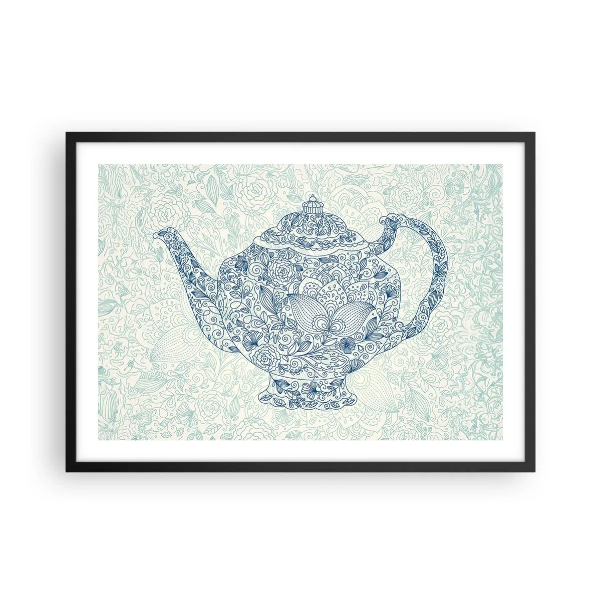 Póster en marco negro - Dibujo decorativo de una tetera con adornos azules. - 70x50cm - El encanto del té - Decoración de pared moderna para salón y dormitorio ARTTOR