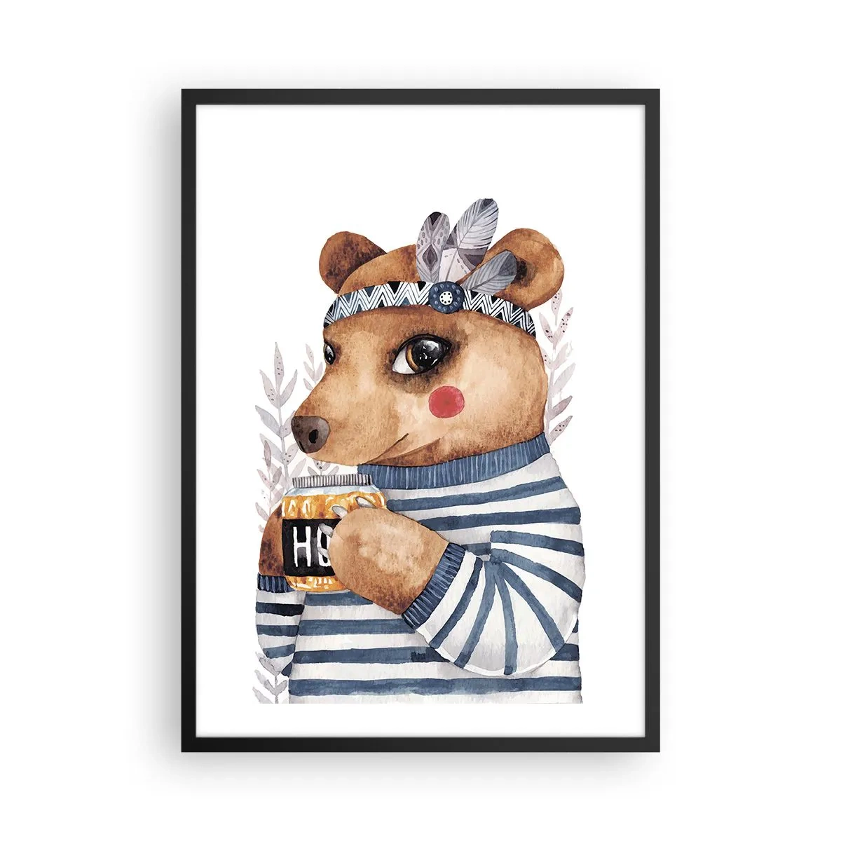 Póster en marco negro - Un encantador osito de peluche con una sudadera de marinero y una taza en sus manos. - 50x70cm - Dulce oso - Decoración de pared moderna para salón y dormitorio ARTTOR