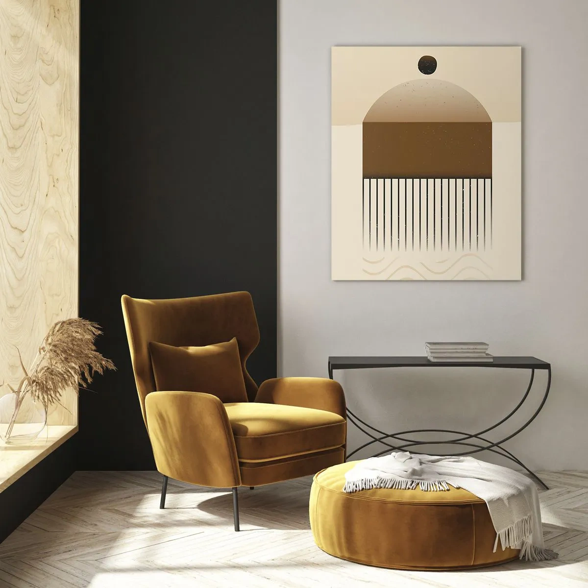 Cuadro sobre vidrio - Impresiones sobre Vidrio - Abstracción beige y marrón con formas geométricas y líneas. - 50x70cm - Varios estados - Decoración de pared moderna para salón y dormitorio ARTTOR