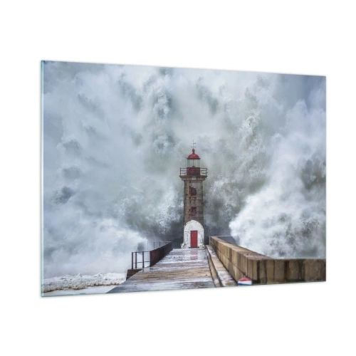 Cuadro sobre vidrio - Impresiones sobre Vidrio - Un faro es golpeado por una poderosa ola. - 100x70cm - El rugido de las aguas, la fuerza del viento - Decoración de pared moderna para salón y dormitorio ARTTOR
