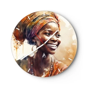 Reloj de pared - Reloj de vidrio - Una mujer sonriente con turbante sobre un fondo de manchas de acuarela. - 30x30cm - Reina africana - Decoración de pared moderna para salón, cocina y dormitorio ARTTOR