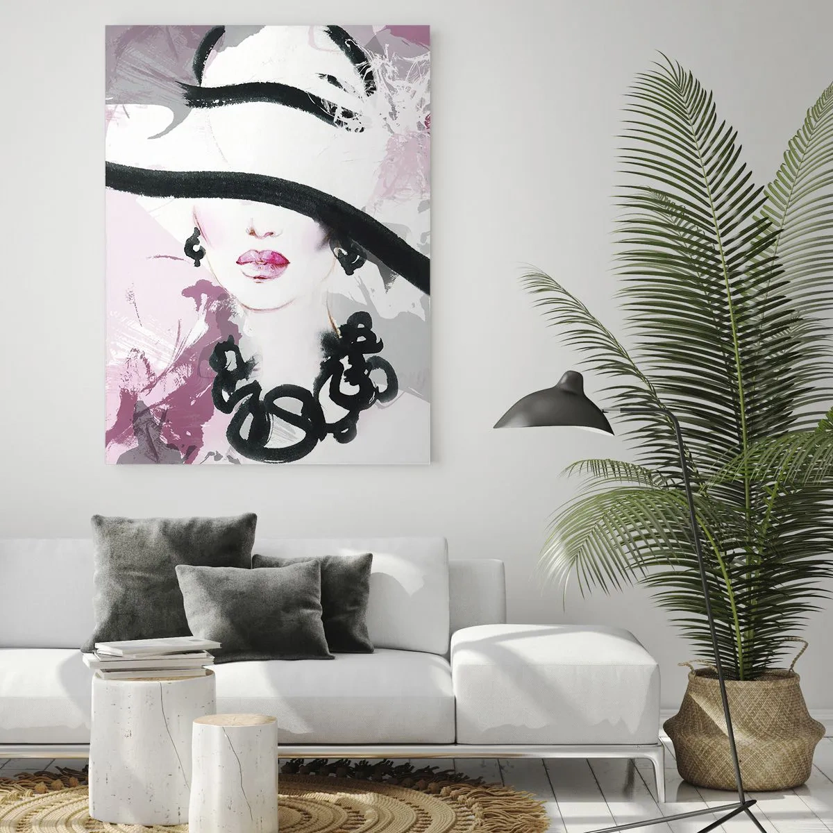 Cuadro sobre vidrio - Impresiones sobre Vidrio - Retrato de una mujer con un sombrero negro sobre un fondo rosa. - 50x70cm - Retrato de una dama en negro y rosa - Decoración de pared moderna para salón y dormitorio ARTTOR