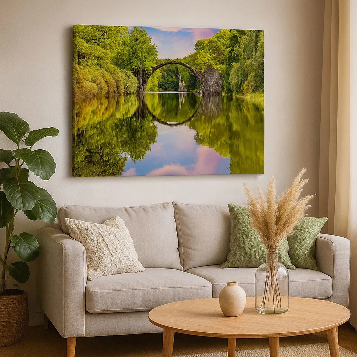 Cuadro sobre lienzo - Impresión de Imagen - Un puente de piedra sobre un río con un reflejo perfecto en el agua. - 70x50cm - En el punto de encuentro de dos mundos - Decoración de pared moderna para salón y dormitorio ARTTOR