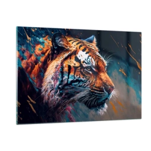 Cuadro sobre vidrio - Impresiones sobre Vidrio - Retrato de un tigre en una explosión artística de colores. - 120x80cm - Belleza salvaje - Decoración de pared moderna para salón y dormitorio ARTTOR