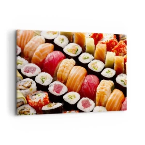 Cuadro sobre lienzo - Impresión de Imagen - Sushi colorido dispuesto en filas con diversos ingredientes. - 120x80cm - Colores y sabores de Asia - Decoración de pared moderna para salón y dormitorio ARTTOR