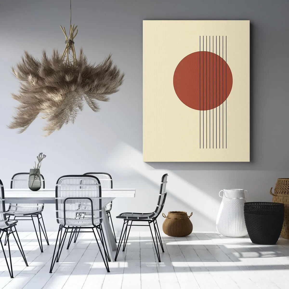 Cuadro sobre lienzo - Impresión de Imagen - Círculo rojo abstracto con líneas sobre fondo beige. - 50x70cm - Cruzando el círculo - Decoración de pared moderna para salón y dormitorio ARTTOR