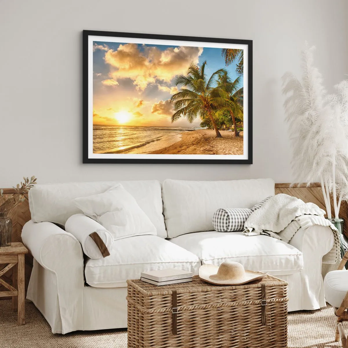 Póster en marco negro - Playa con palmeras y puesta de sol sobre el océano. - 70x50cm - El eterno verano, siempre de vacaciones - Decoración de pared moderna para salón y dormitorio ARTTOR