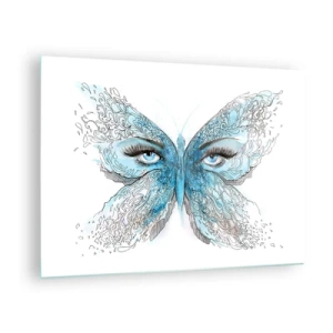 Cuadro sobre vidrio - Impresiones sobre Vidrio - Una mariposa con alas azules y ojos humanos en un estilo artístico. - 70x50cm - Mirada de mariposa - Decoración de pared moderna para salón y dormitorio ARTTOR