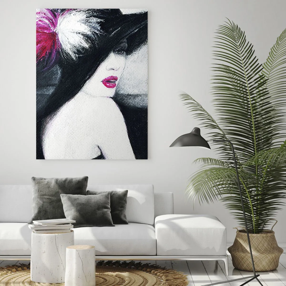 Cuadro sobre vidrio - Impresiones sobre Vidrio - Mujer elegante con un sombrero de plumas - 80x120cm - Siempre un misterio - Decoración de pared moderna para salón y dormitorio ARTTOR