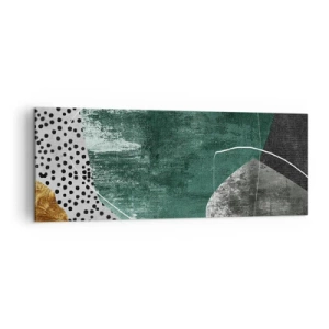 Cuadro sobre lienzo - Impresión de Imagen - Composición abstracta con formas verdes y patrones de puntos. - 140x50cm - Abstracción colorista con un copo de oro - Decoración de pared moderna para salón y dormitorio ARTTOR