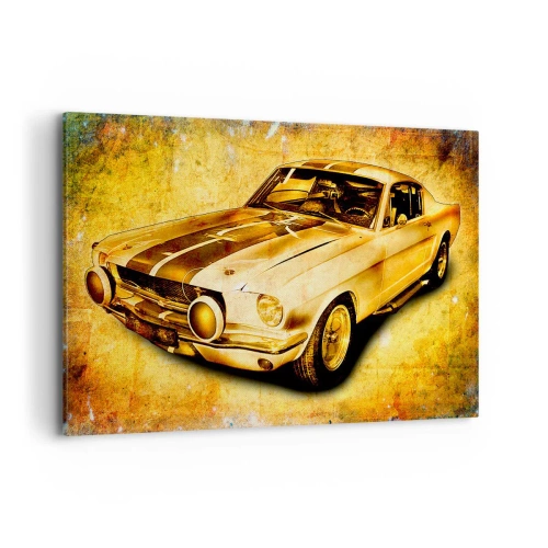 Cuadro sobre lienzo - Impresión de Imagen - Coche deportivo retro clásico sobre un fondo vintage en tonos dorados. - 120x80cm - Los locos años 70. - Decoración de pared moderna para salón y dormitorio ARTTOR