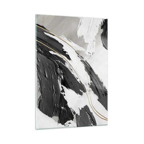 Cuadro sobre vidrio - Impresiones sobre Vidrio - Trazos dinámicos de blanco y negro con acento dorado. - 50x70cm - Abstracción con estilo - Decoración de pared moderna para salón y dormitorio ARTTOR