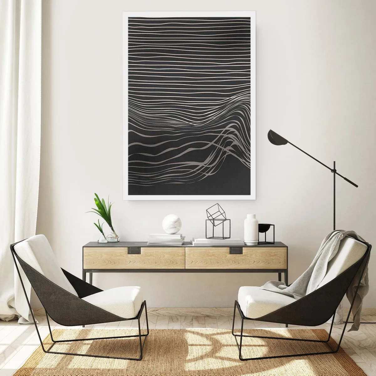 Póster - Composición abstracta con líneas sobre fondo negro. - 50x70cm - Ritmo y acento - Decoración de pared moderna para salón y dormitorio ARTTOR