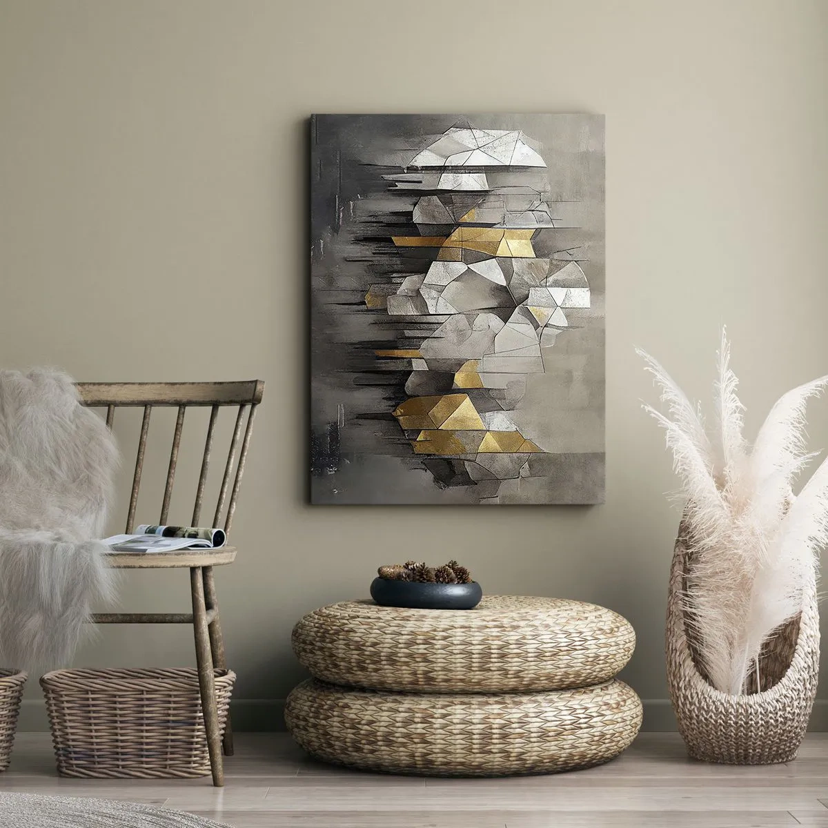 Cuadro sobre lienzo - Impresión de Imagen - Abstracción geométrica en tonos dorados y grises. - 80x120cm - Composición hecha de hielo y luz - Decoración de pared moderna para salón y dormitorio ARTTOR