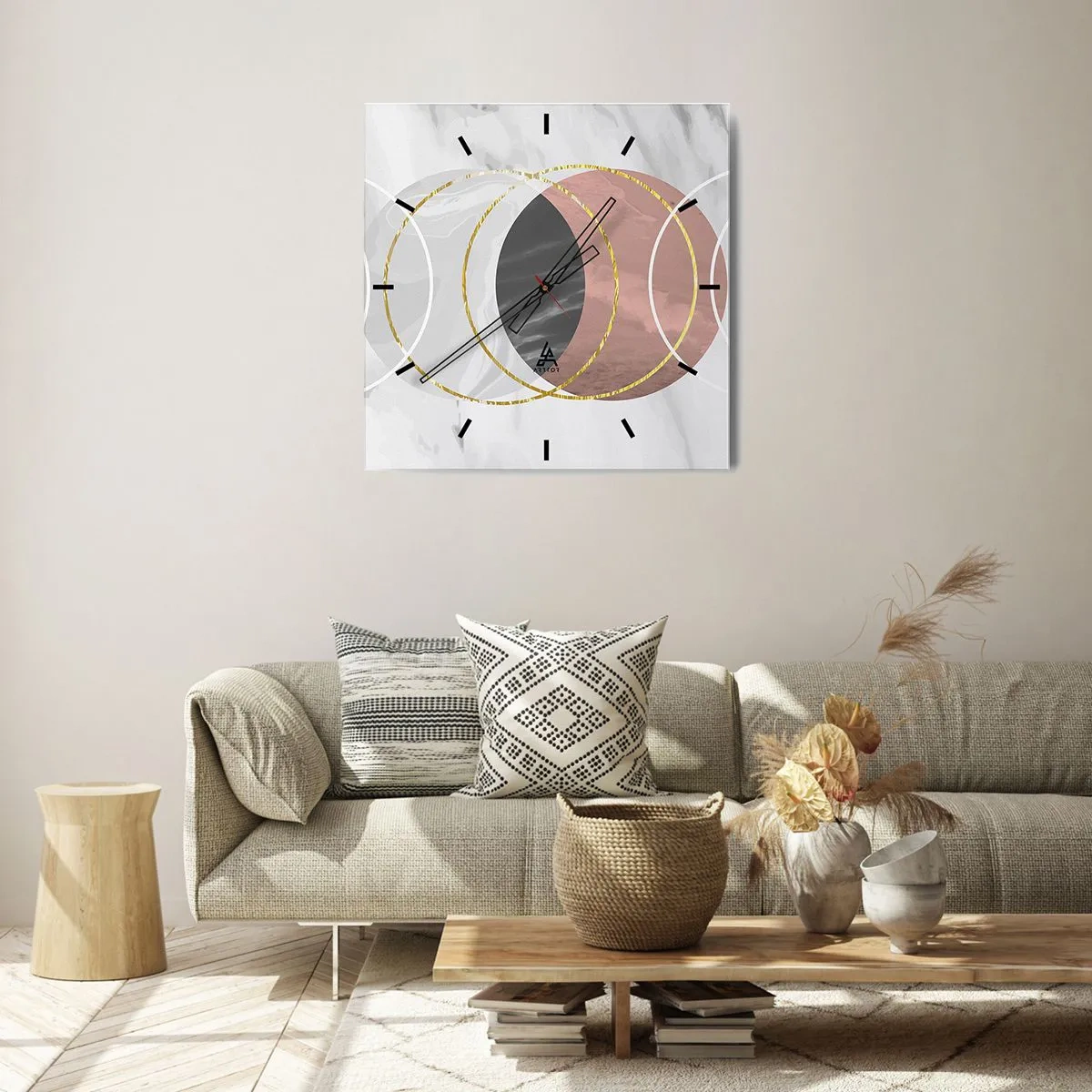 Reloj de pared - Reloj de vidrio - Composición geométrica abstracta con círculos y detalles metálicos. - 30x30cm - Música de las esferas - Decoración de pared moderna para salón y dormitorio ARTTOR