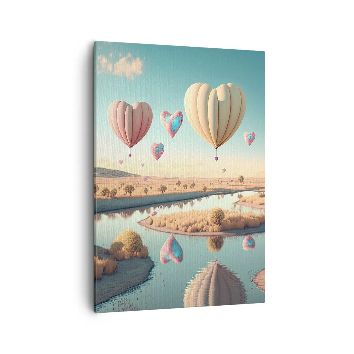 Cuadro sobre lienzo - Impresión de Imagen - Globos en forma de corazón flotando sobre el paisaje. - 50x70cm - El amor te hace volar - Decoración de pared moderna para salón y dormitorio ARTTOR