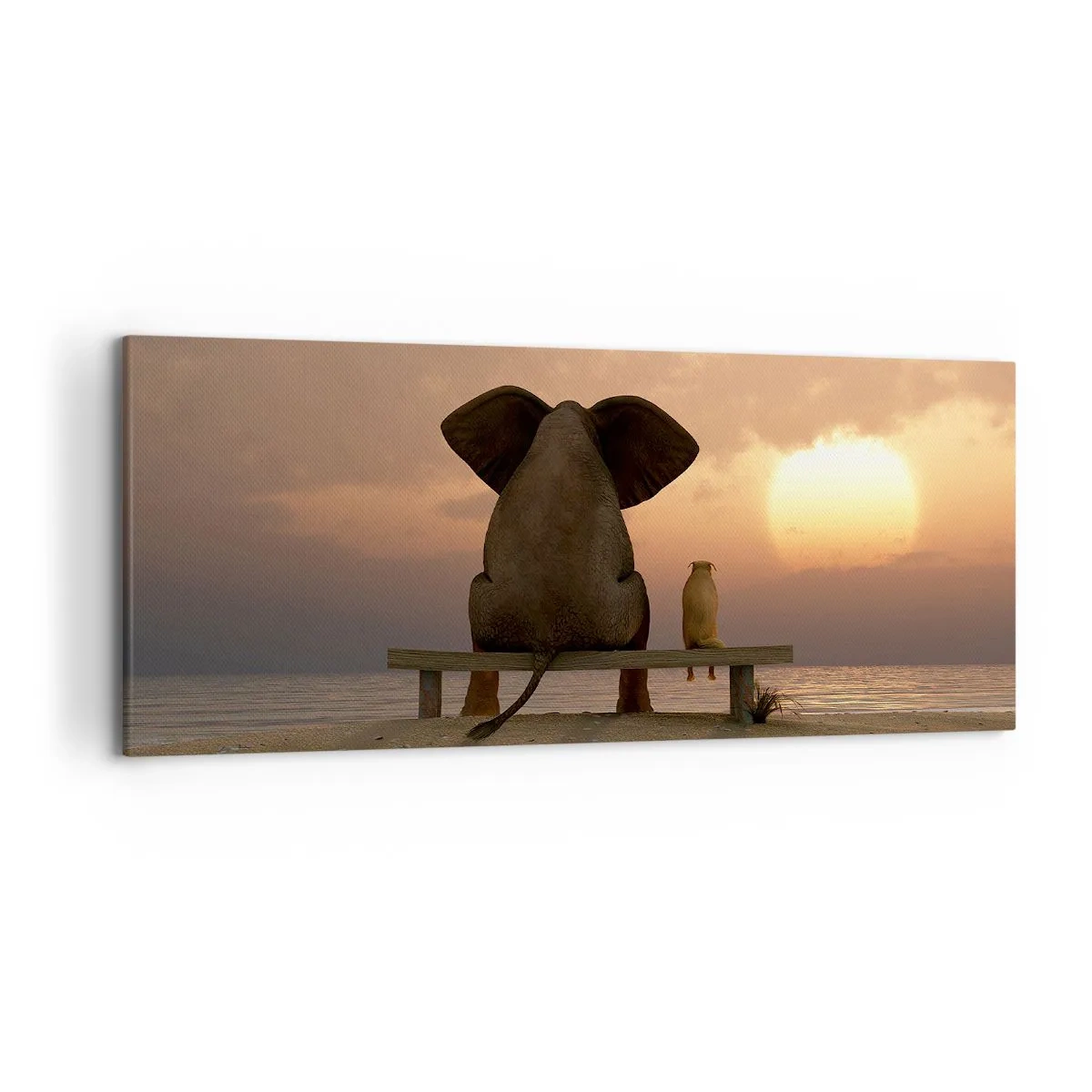 Cuadro sobre lienzo - Impresión de Imagen - Un elefante y un perro están sentados en un banco en la playa durante el atardecer. - 120x50cm - Es bueno estar en silencio juntos - Decoración de pared moderna para salón y dormitorio ARTTOR