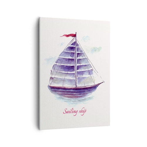 Cuadro sobre lienzo - Impresión de Imagen - Una pintura de acuarela de un velero en el agua con una delicada inscripción. - 50x70cm - Velas izadas y aguas tranquilas - Decoración de pared moderna para salón y dormitorio ARTTOR