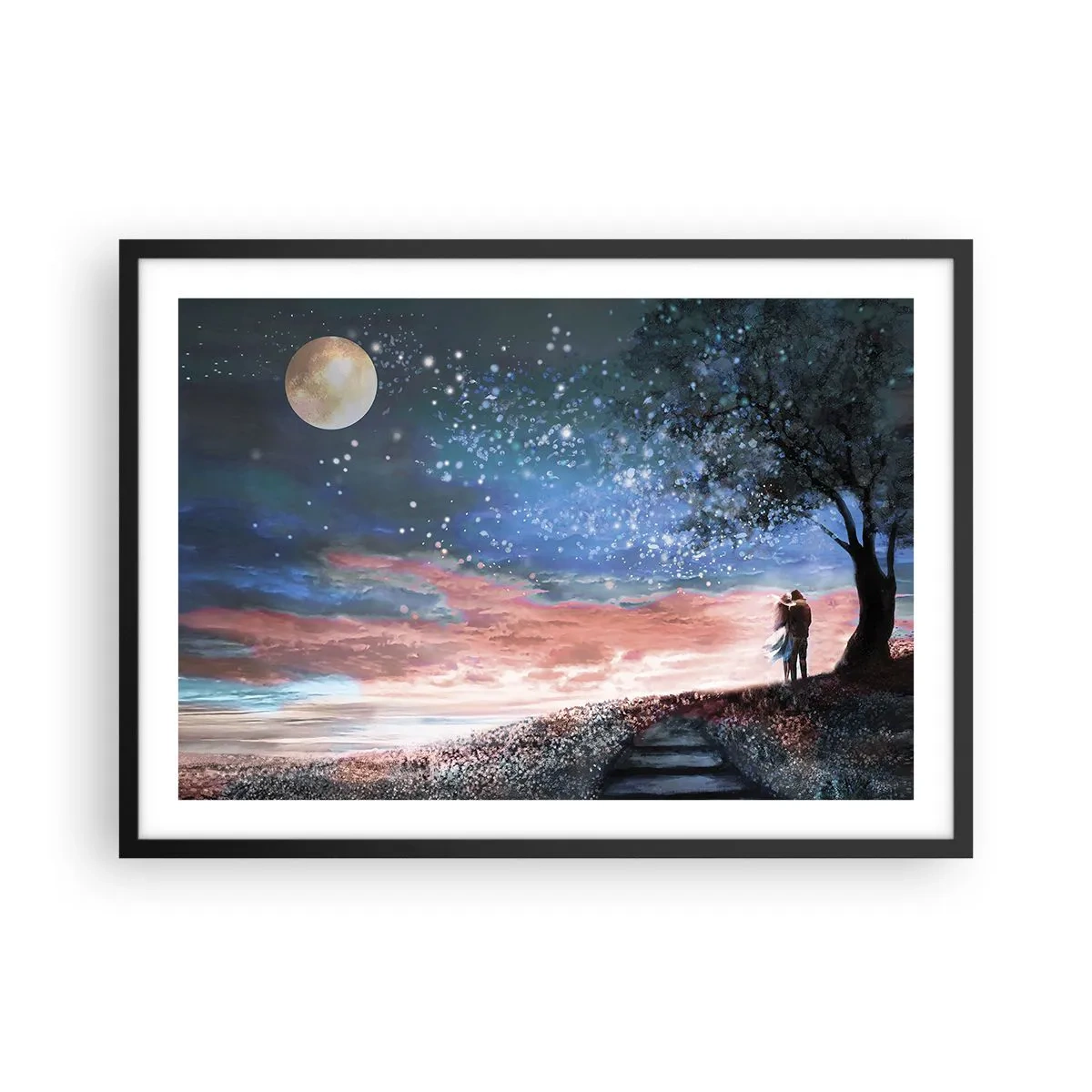 Póster en marco negro - Escena romántica de pareja bajo la luna llena - 70x50cm - Un espectáculo estelar - Decoración de pared moderna para salón y dormitorio ARTTOR