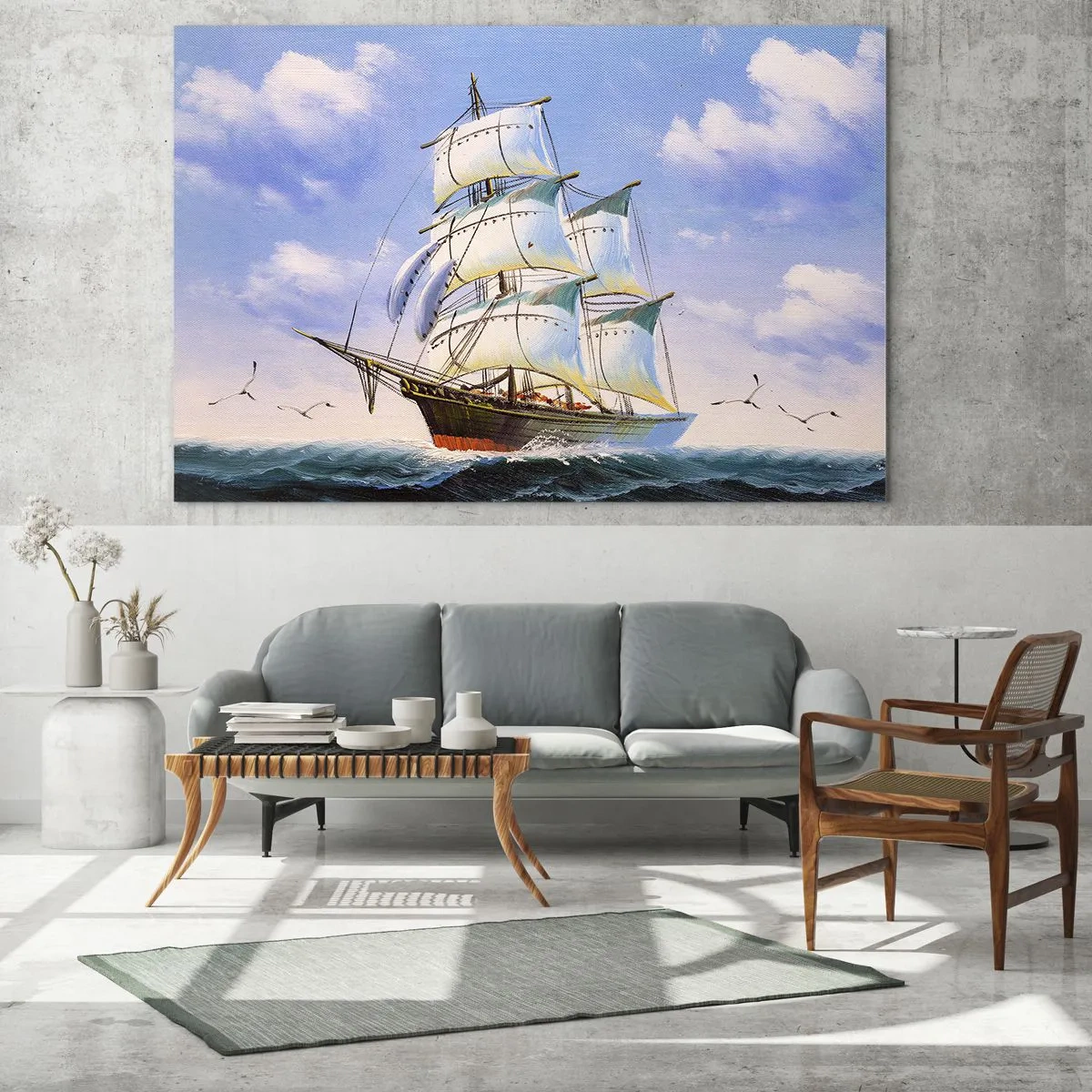 Cuadro sobre vidrio - Impresiones sobre Vidrio - Un velero en alta mar bajo un cielo azul. - 100x70cm - Orgulloso con el viento - Decoración de pared moderna para salón y dormitorio ARTTOR