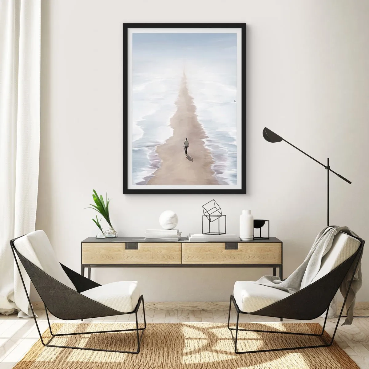 Póster en marco negro - Una figura camina sola por un sendero entre aguas tranquilas. - 50x70cm - Un futuro brillante - Decoración de pared moderna para salón y dormitorio ARTTOR