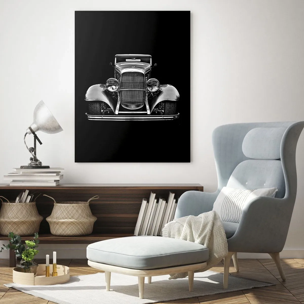 Cuadro sobre vidrio - Impresiones sobre Vidrio - Una vista frontal de un coche retro clásico. - 50x70cm - Un verdadero caballero - Decoración de pared moderna para salón y dormitorio ARTTOR