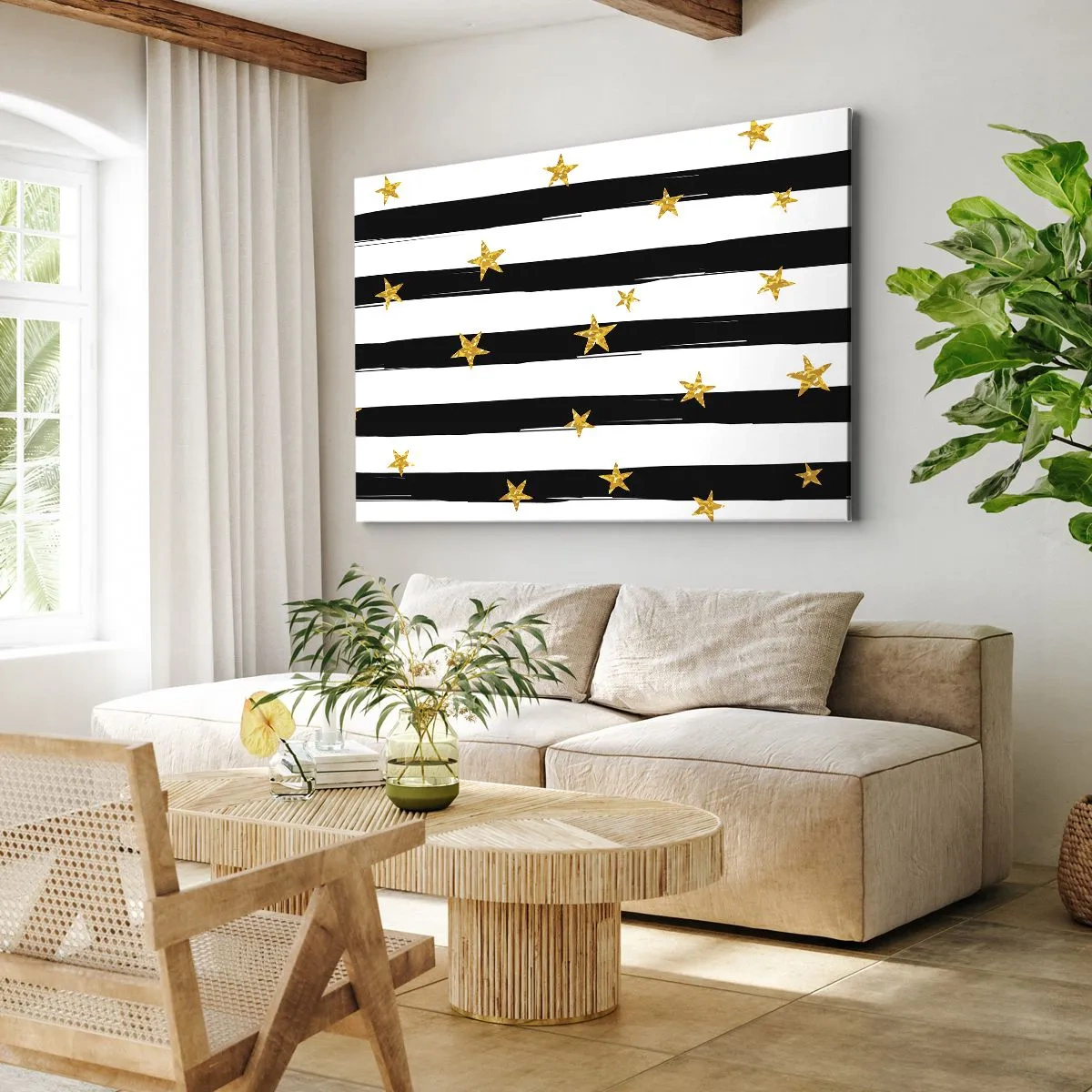 Cuadro sobre lienzo - Impresión de Imagen - Rayas blancas y negras con estrellas doradas - 100x70cm - Todos hemos nacido bajo una estrella de la suerte - Decoración de pared moderna para salón y dormitorio ARTTOR
