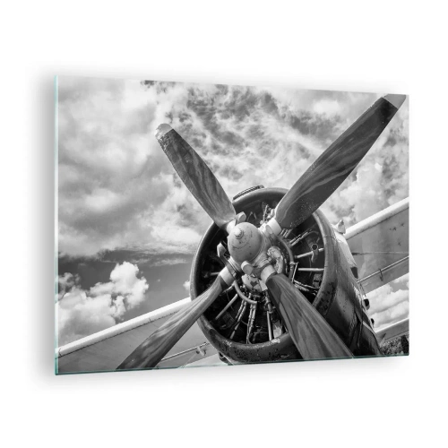 Cuadro sobre vidrio - Impresiones sobre Vidrio - Un primer plano de una hélice de avión en blanco y negro. - 70x50cm - Conquistador de los cielos - Decoración de pared moderna para salón y dormitorio ARTTOR