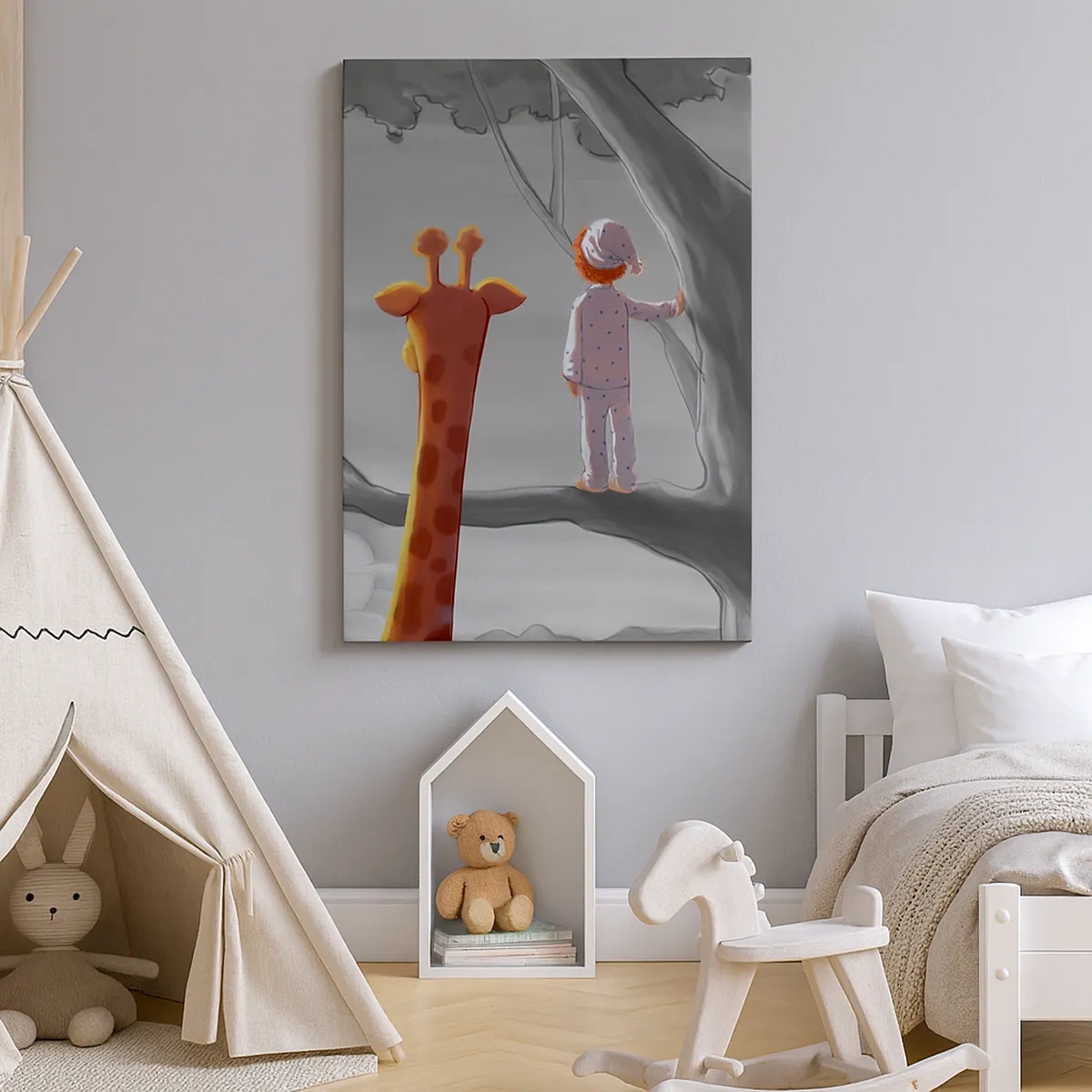Cuadro sobre lienzo - Impresión de Imagen - Un niño y una jirafa en la rama de un árbol en un paisaje de cuento de hadas. - 50x70cm - ¿Está sucediendo de verdad? - Decoración de pared moderna para salón y dormitorio ARTTOR