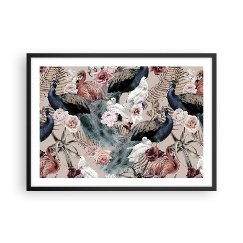 Póster en marco negro - Un paisaje con plumas de pavo real, rosas y pájaros en estilo romántico. - 70x50cm - En un jardín de palacio - Decoración de pared moderna para salón y dormitorio ARTTOR