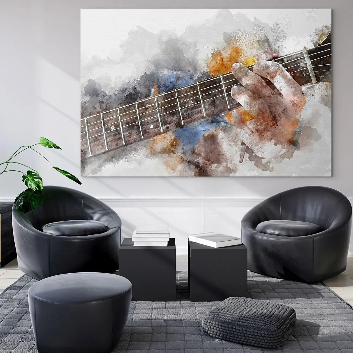 Cuadro sobre vidrio - Impresiones sobre Vidrio - Motivo de acuarela de una mano tocando una guitarra. - 120x80cm - Poesía entre las cuerdas - Decoración de pared moderna para salón y dormitorio ARTTOR