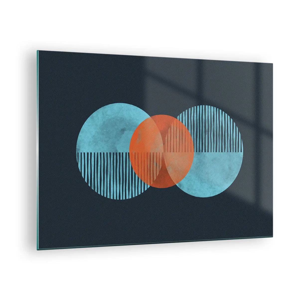 Cuadro sobre vidrio - Impresiones sobre Vidrio - Círculos de colores con líneas verticales sobre un fondo oscuro. - 70x50cm - Composición simétrica - Decoración de pared moderna para salón y dormitorio ARTTOR