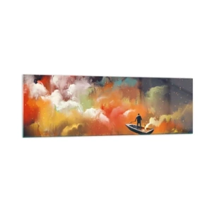 Cuadro sobre vidrio - Impresiones sobre Vidrio - Una figura en un barco contra un fondo de nubes de colores. - 160x50cm - En barco por la galaxia - Decoración de pared moderna para salón y dormitorio ARTTOR