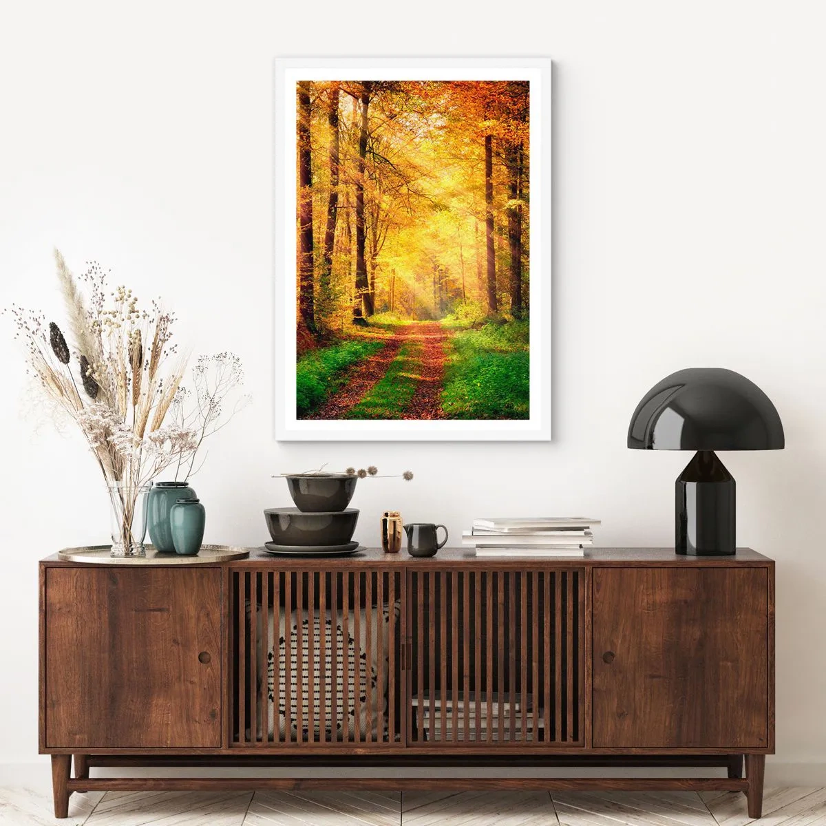 Póster en marco blanco - Silencio dorado del bosque - 61x91 cm