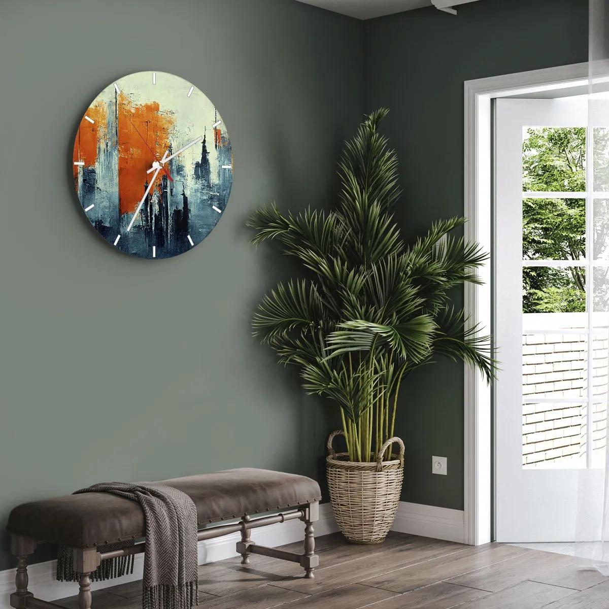 Reloj de pared - Reloj de vidrio - Panorama abstracto de la ciudad en tonos naranja y azul marino - 30x30cm - Paisaje moderno - Decoración de pared moderna para salón, cocina y dormitorio ARTTOR